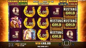 Mustang Gold slot machine reels with sheriff’s badges and money symbols.